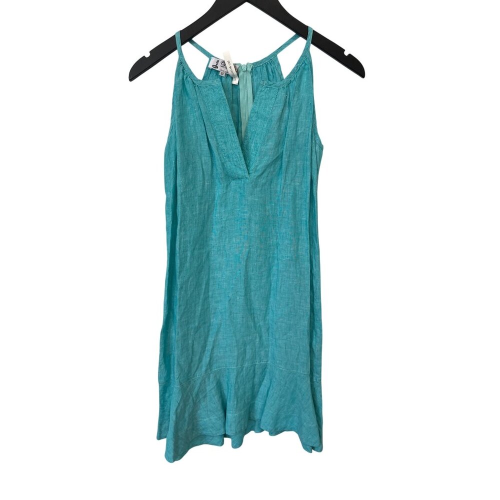 Dea Positano Linen Sleeveless Mini Dress Size Small Split V Neck Blue Beach NEW